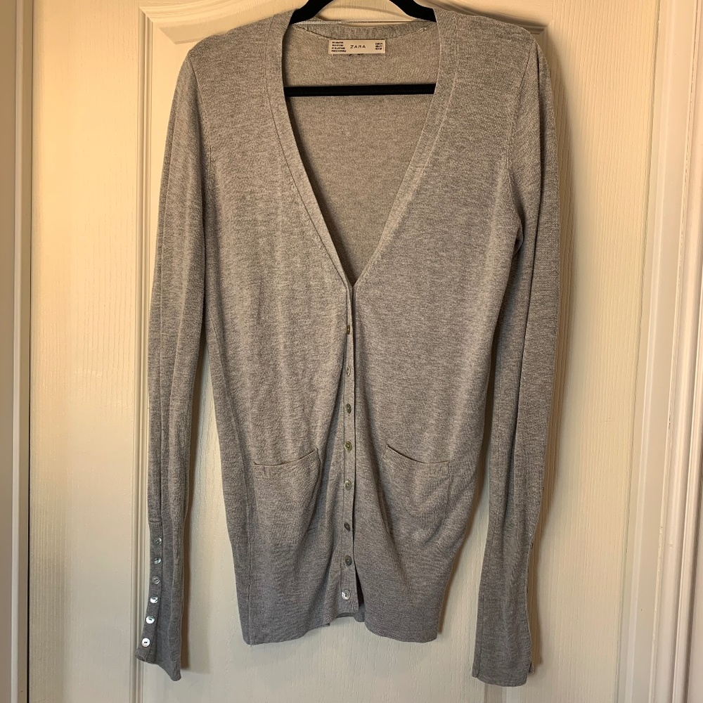 ZARA Grey Button-Front Cardigan with Pockets | Soft Knit Layering Essential M